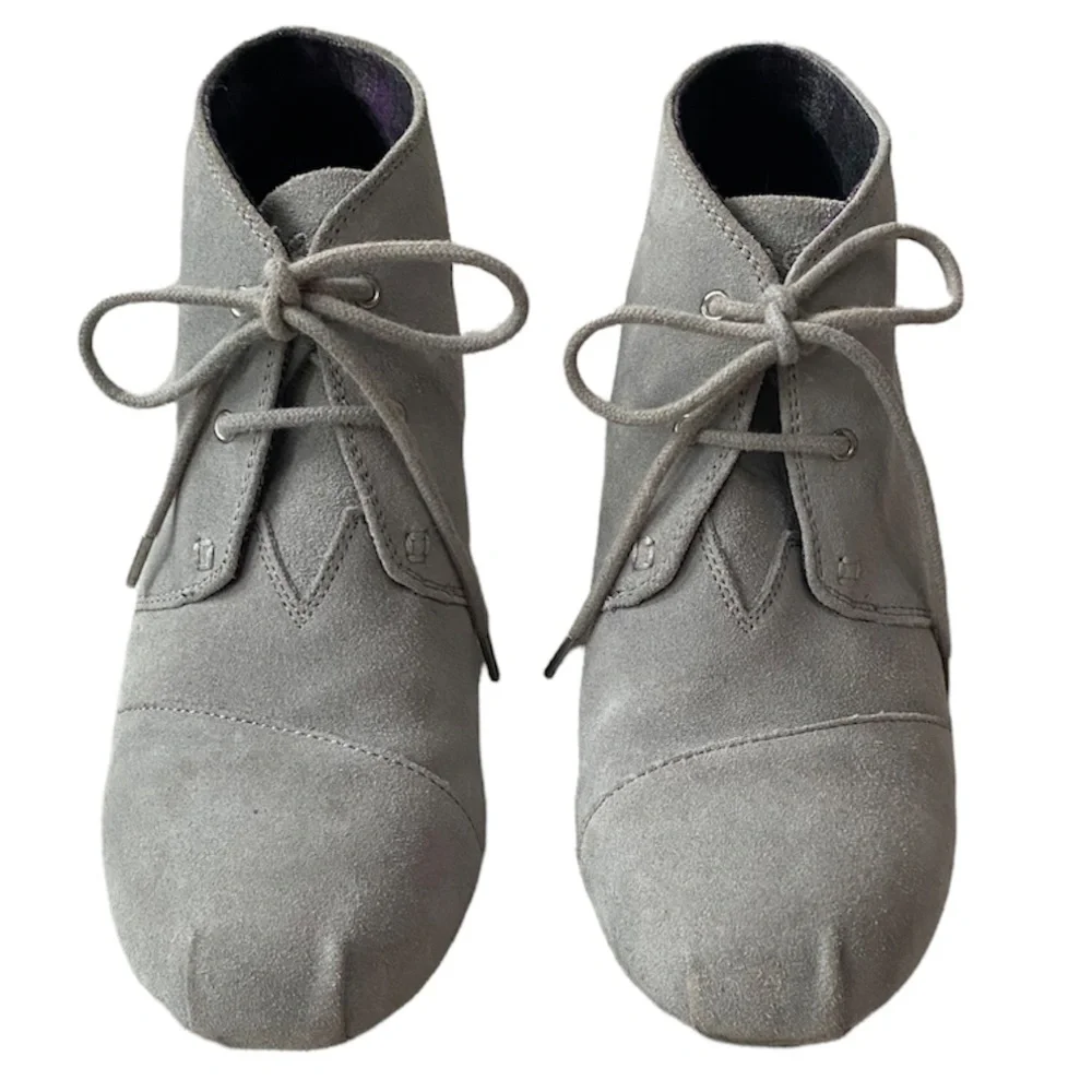 Wedge Heel Ankle Booties Lace Up Suede Boots Bobs Sketchers Gray Size 8 1/2